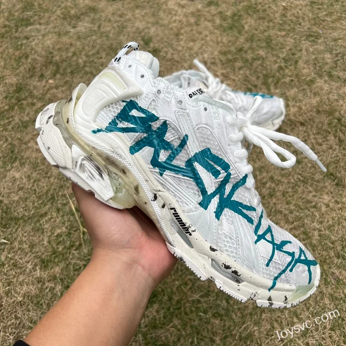 Balenciaga Runner 7.5 White Blue Logo Sneakers