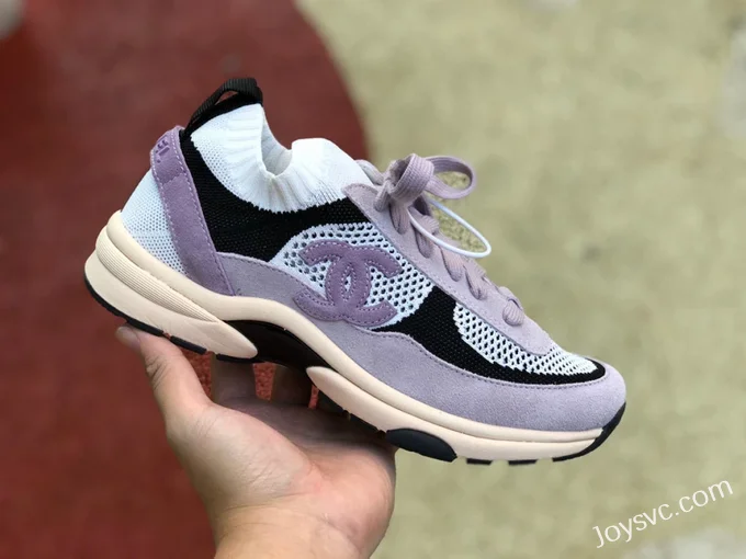 CHANEL Knit and Suede Effect Sneakers in White Black and Purple