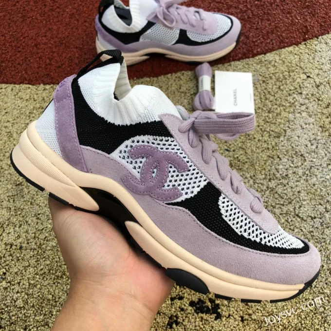 CHANEL Knit and Suede Effect Sneakers in White Black and Purple