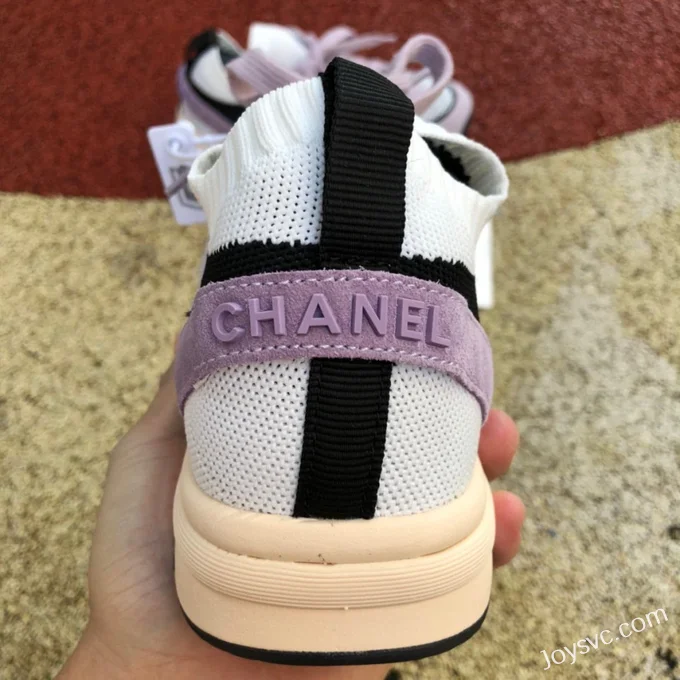 CHANEL Knit and Suede Effect Sneakers in White Black and Purple