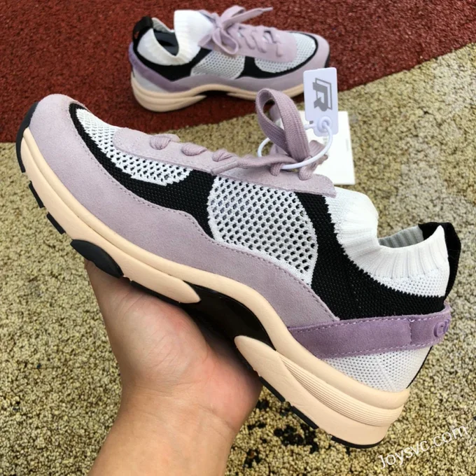 CHANEL Knit and Suede Effect Sneakers in White Black and Purple