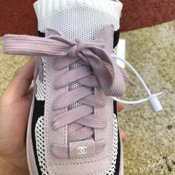 CHANEL Knit and Suede Effect Sneakers in White Black and Purple