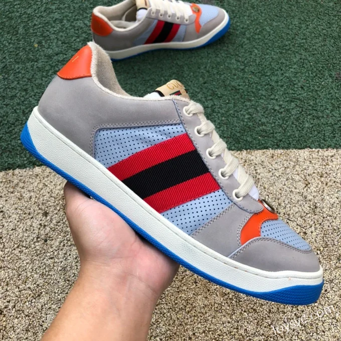 GUCCI Screener Low-Top Distressed Mesh Sneakers in Grey Orange & Blue