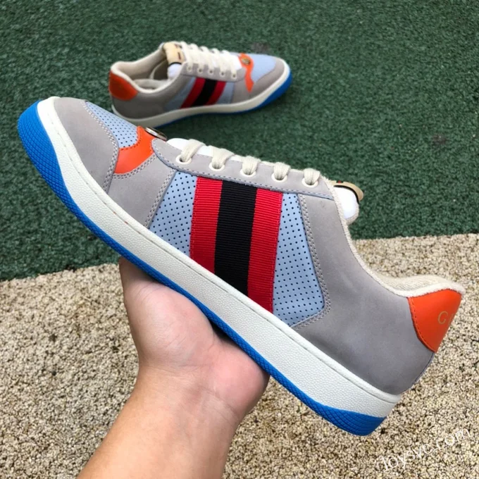 GUCCI Screener Low-Top Distressed Mesh Sneakers in Grey Orange & Blue