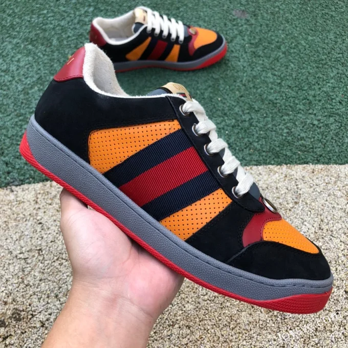 GUCCI Screener Low-Top Distressed Mesh Sneakers in Black Yellow & Red