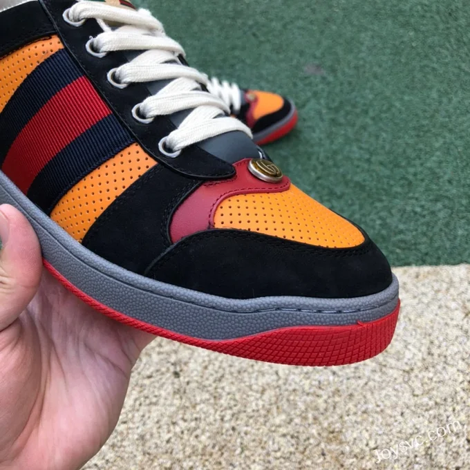 GUCCI Screener Low-Top Distressed Mesh Sneakers in Black Yellow & Red