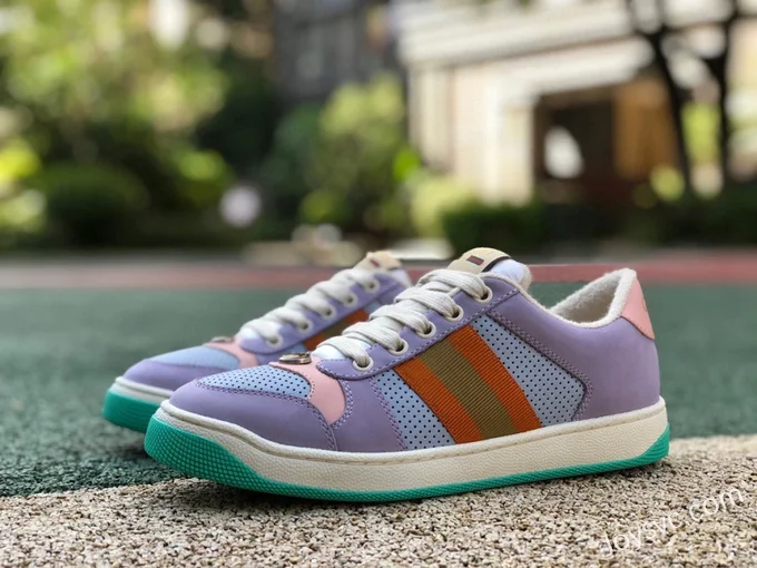 GUCCI Screener Low-Top Distressed Mesh Sneakers in Purple & Pink