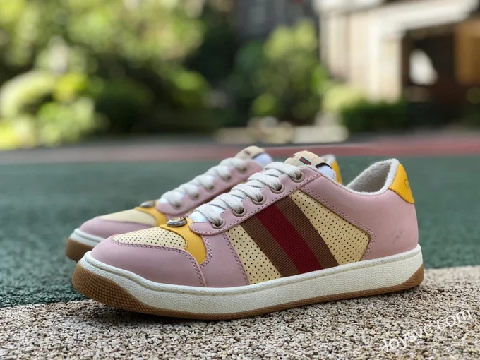 Gucci Screener Pink Yellow Distressed Mesh Low Top Fashion Sneakers