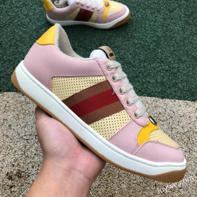 Gucci Screener Pink Yellow Distressed Mesh Low Top Fashion Sneakers