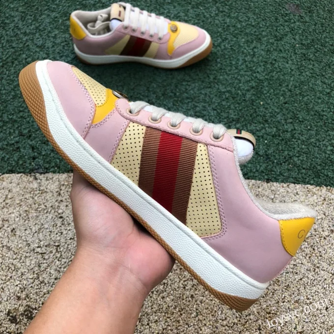 Gucci Screener Pink Yellow Distressed Mesh Low Top Fashion Sneakers