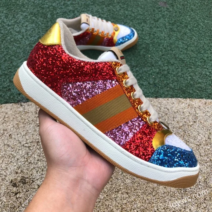 GUCCI Screener Low-Top Distressed Mesh Sneakers in Glitter Red & Blue