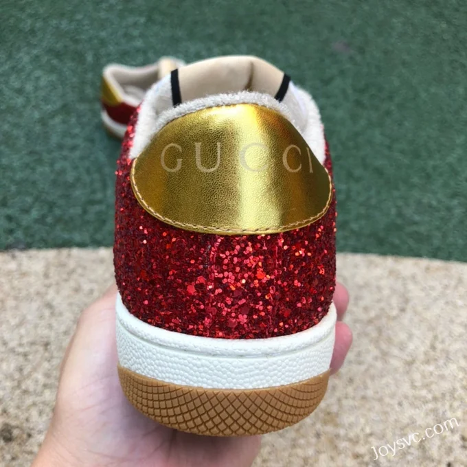 GUCCI Screener Low-Top Distressed Mesh Sneakers in Glitter Red & Blue