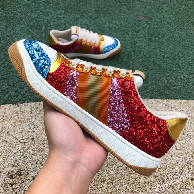 GUCCI Screener Low-Top Distressed Mesh Sneakers in Glitter Red & Blue