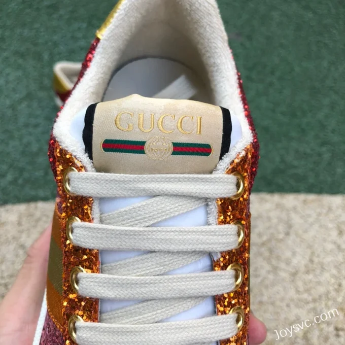 GUCCI Screener Low-Top Distressed Mesh Sneakers in Glitter Red & Blue