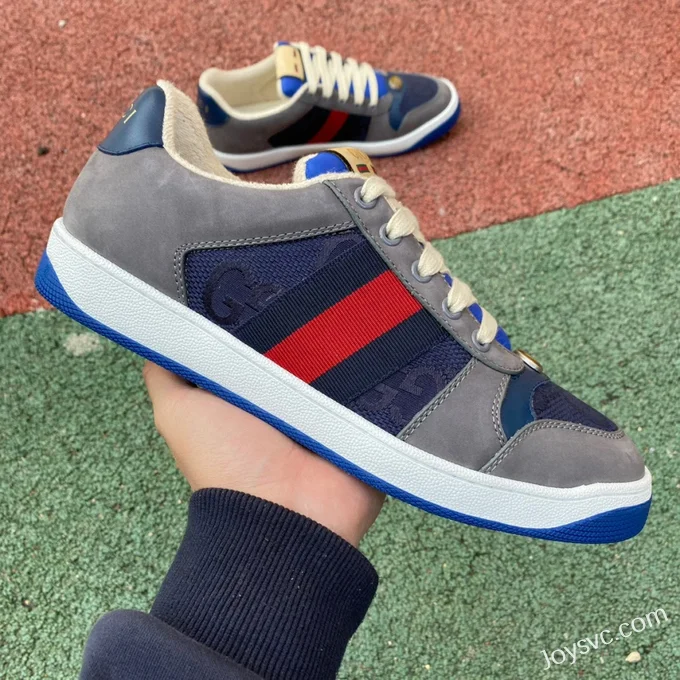 GUCCI Screener Low-Top Distressed Mesh Sneakers in Grey Blue & Red