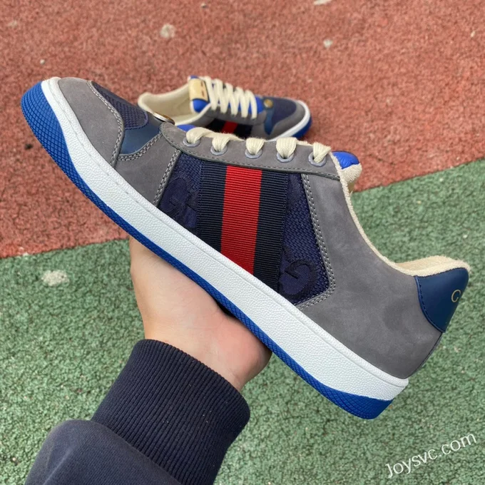 GUCCI Screener Low-Top Distressed Mesh Sneakers in Grey Blue & Red