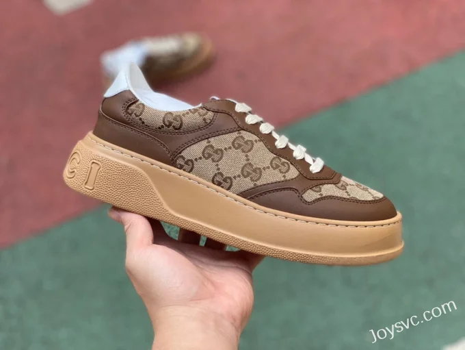 GUCCI GG Leather Embroidered Platform Sneakers in Brown