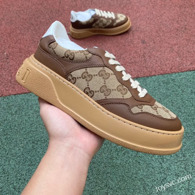 GUCCI GG Leather Embroidered Platform Sneakers in Brown