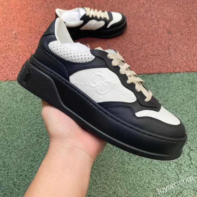 GUCCI GG Leather Embroidered Platform Sneakers in Black & White