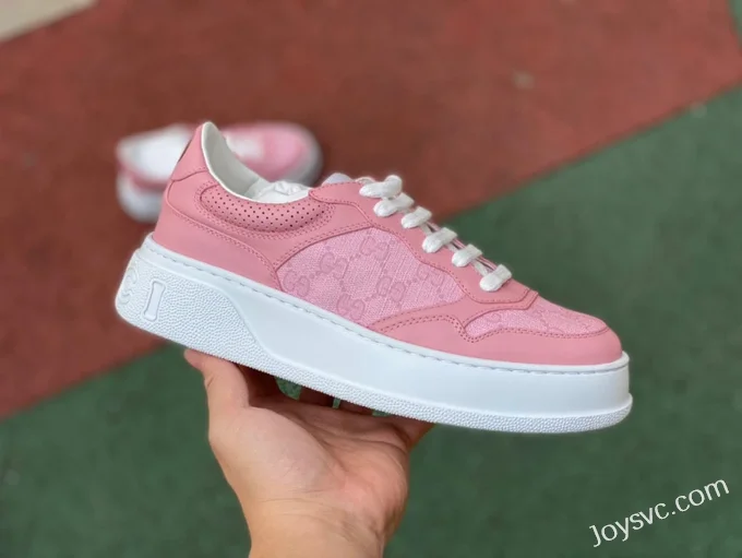 GUCCI GG Leather Embroidered Platform Sneakers in Pink & White