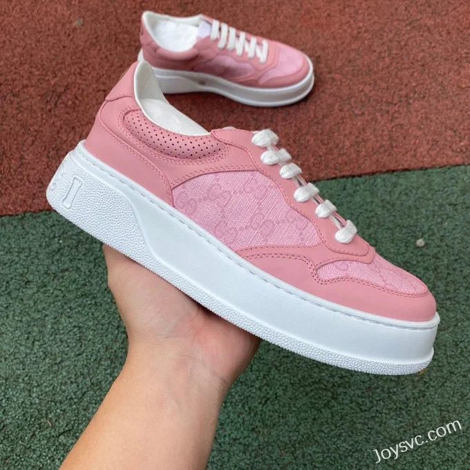 GUCCI GG Leather Embroidered Platform Sneakers in Pink & White