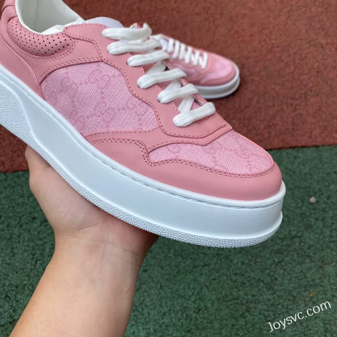 GUCCI GG Leather Embroidered Platform Sneakers in Pink & White