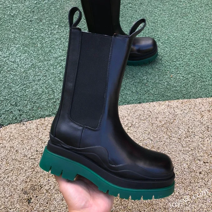 Bottega Veneta High Top Black Green Wave BV Tire Thick Sole Chelsea Boots Women