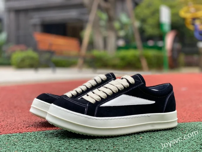 RICK OWENS Black White Suede Leather Low Top Sneakers