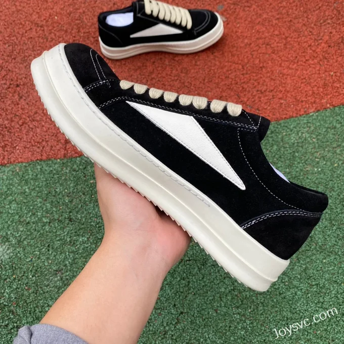 RICK OWENS Black White Suede Leather Low Top Sneakers