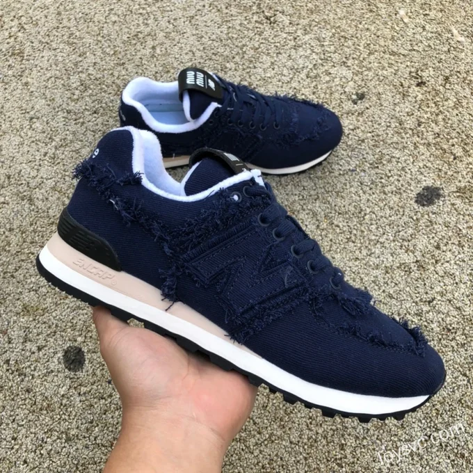 NB 574 Navy Blue MiuMiu x New Balance 574 Fashion Casual Shoes Women White 5E765D_CSL_F0009_F_015