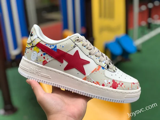 BAPE STA SK8 Low-Top Shoes in Beige White and Red with Graffiti