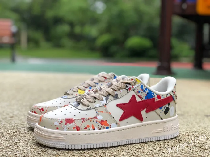 BAPE STA SK8 Low-Top Shoes in Beige White and Red with Graffiti