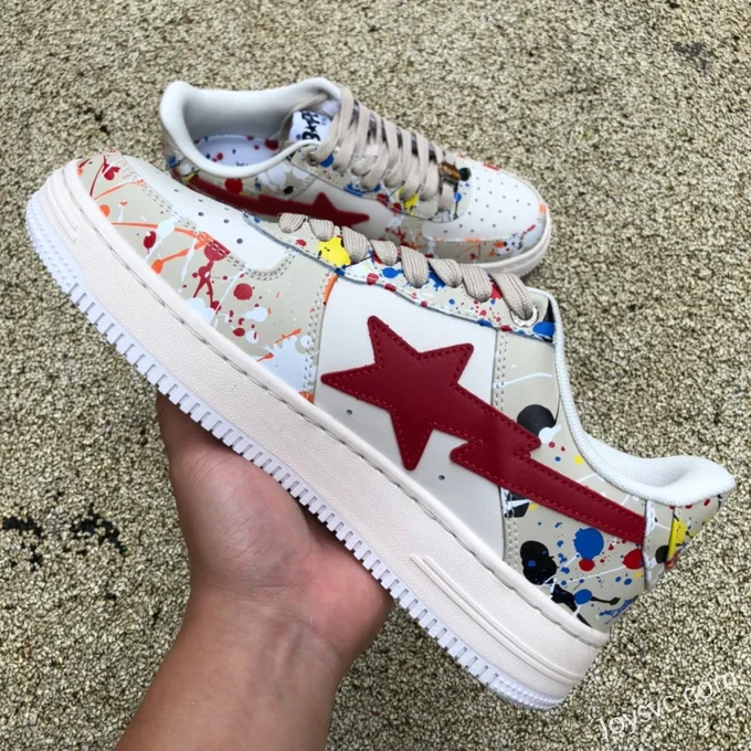 BAPE STA SK8 Low-Top Shoes in Beige White and Red with Graffiti