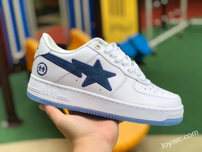 BAPE STA SK8 Low-Top Shoes in White and Blue with Crystal Sole