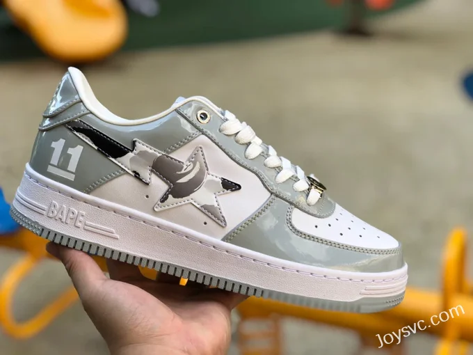 BAPE STA SK8 Low-Top Shoes in White and Grey with Patent Leather