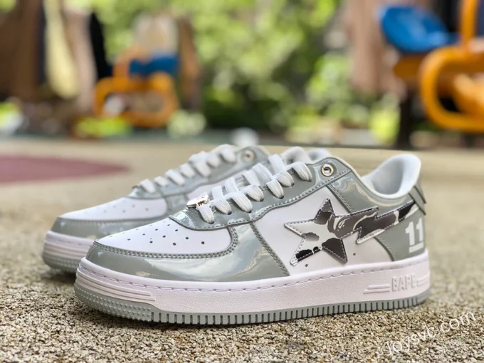 BAPE STA SK8 Low-Top Shoes in White and Grey with Patent Leather