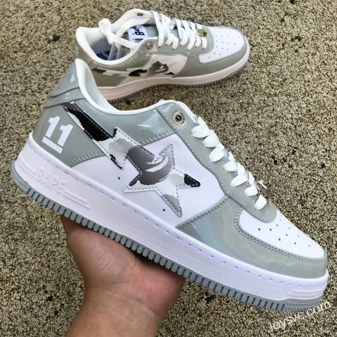 BAPE STA SK8 Low-Top Shoes in White and Grey with Patent Leather