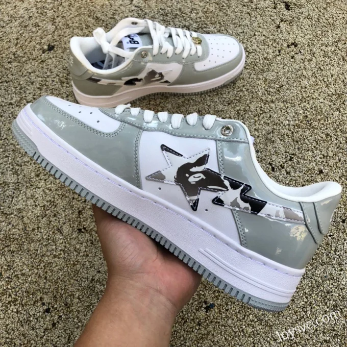 BAPE STA SK8 Low-Top Shoes in White and Grey with Patent Leather