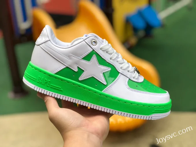 BAPE STA SK8 Low-Top Shoes in White and Green with Patent Leather