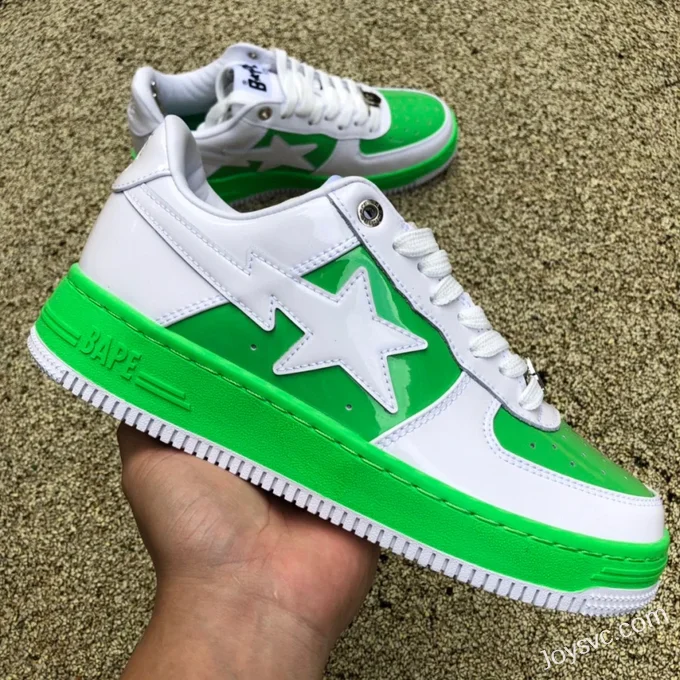 BAPE STA SK8 Low-Top Shoes in White and Green with Patent Leather