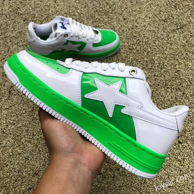 BAPE STA SK8 Low-Top Shoes in White and Green with Patent Leather