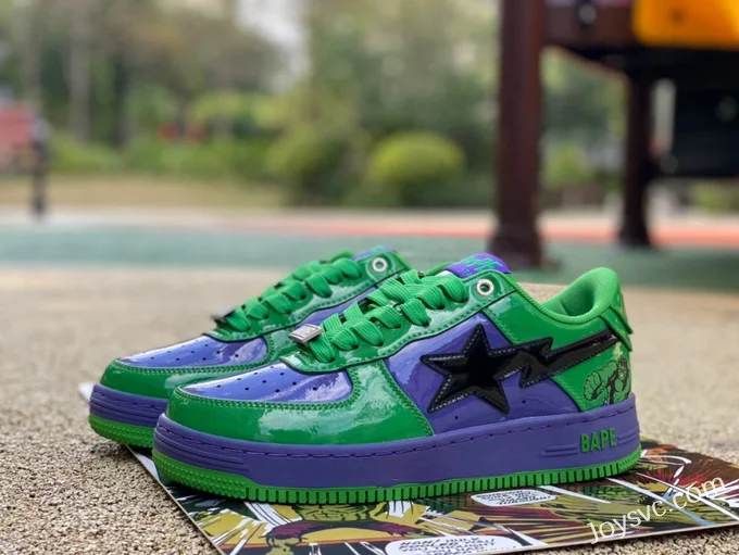 Marvel x BAPE STA SK8 Low-Top Shoes in Green Purple and Black