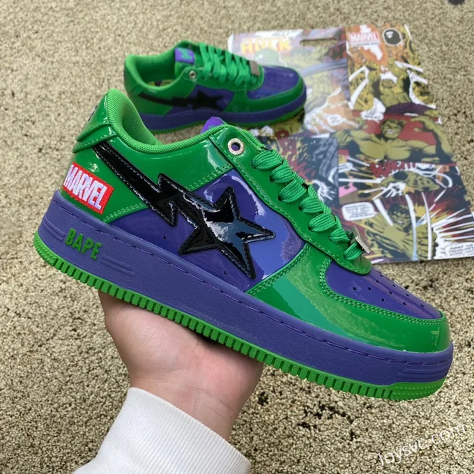 Marvel x BAPE STA SK8 Low-Top Shoes in Green Purple and Black