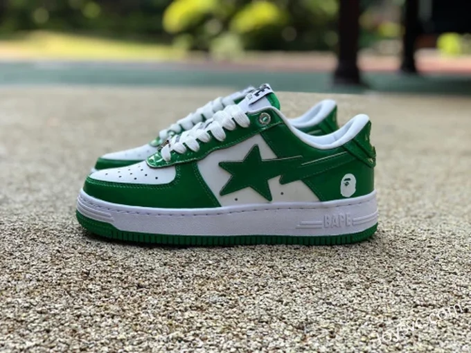 BAPE STA SK8 Low-Top Shoes in White and Green with Patent Leather