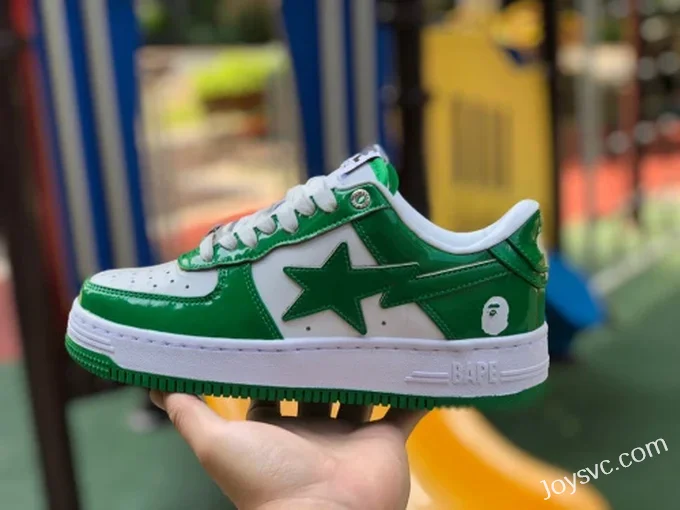 BAPE STA SK8 Low-Top Shoes in White and Green with Patent Leather