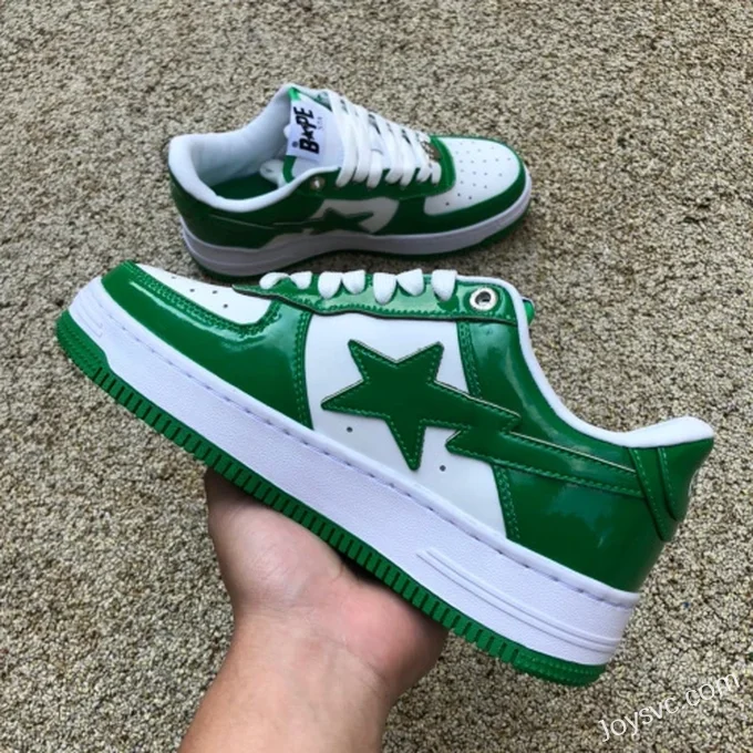 BAPE STA SK8 Low-Top Shoes in White and Green with Patent Leather