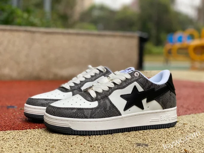 BAPE STA SK8 Low-Top Shoes in Black and White with Snake Print