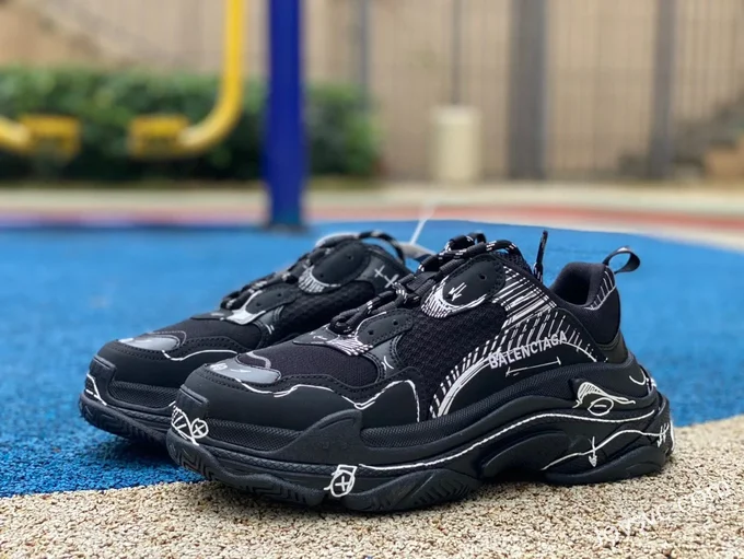 Balenciaga Black Hand-Painted Triple S Vintage Dad Shoes