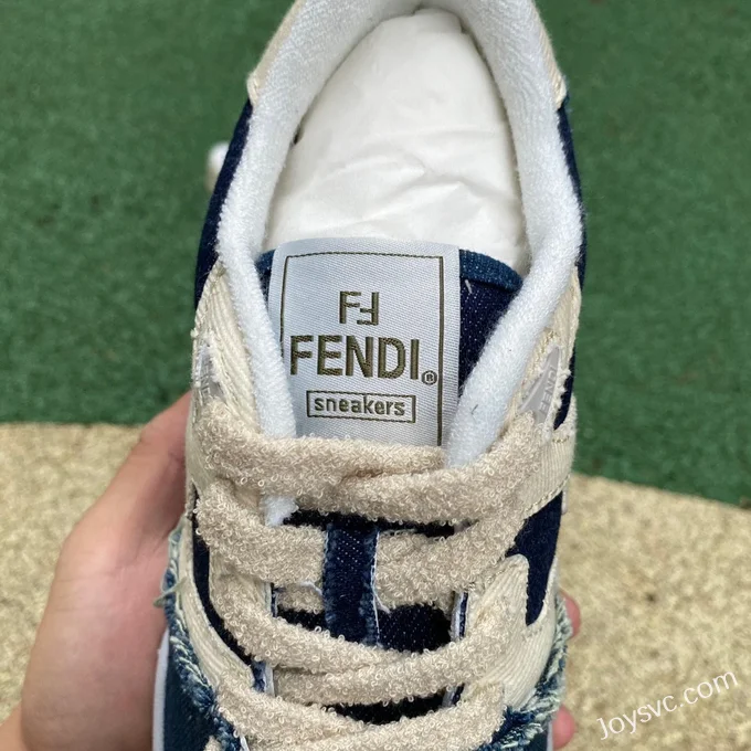 Fendi Match Denim White Blue Low Top Lace-Up Fashion Sneakers Men