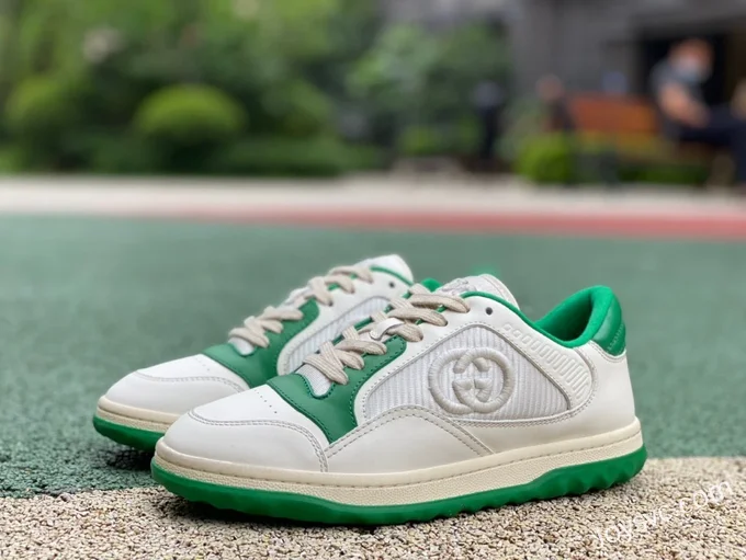 Gucci MAC80 White Green Distressed Leather Low Top Fashion Sneakers